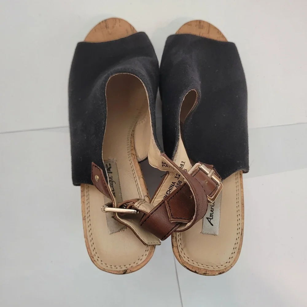 American Eagle Wedge Sandals Womens 8.5 Black Cork Platform Slingback Shoes